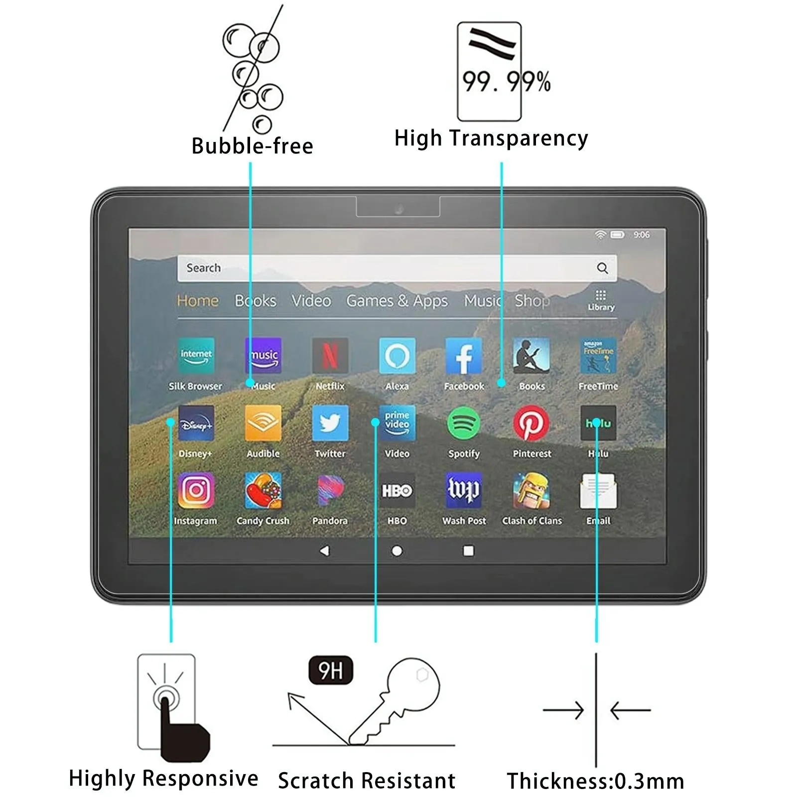 2020 / 2022 Kindle Fire Hd 8 Tempered Glass Film - 9H 2.5D Explosion-Proof