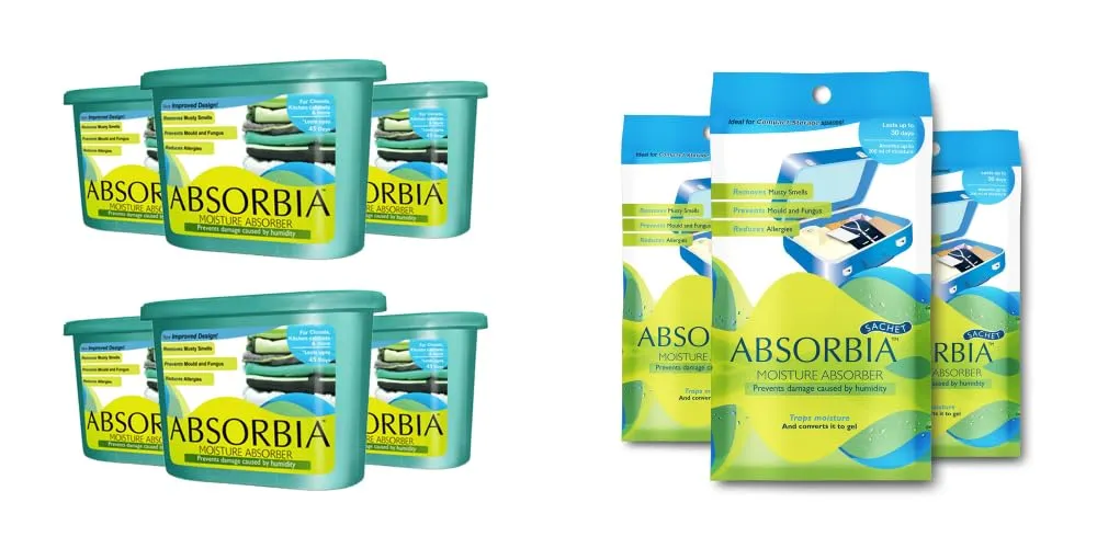 Absorbia Moisture Absorber | Absorbia Classic - Season Pack of 6 (600ml| Absorbia Moisture Absorber | Absorbia Sachet - Pack of 3 (200ml Each)| Dehumidifier for Wardrobe, Shoe racks,Cupboards & Closets…