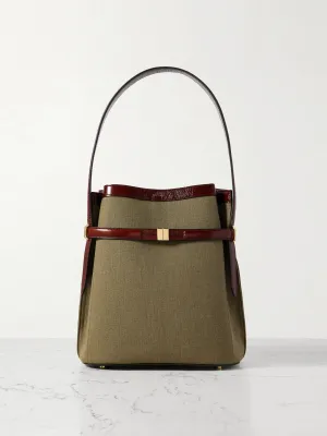 Belted textured leather-trimmed canvas tote