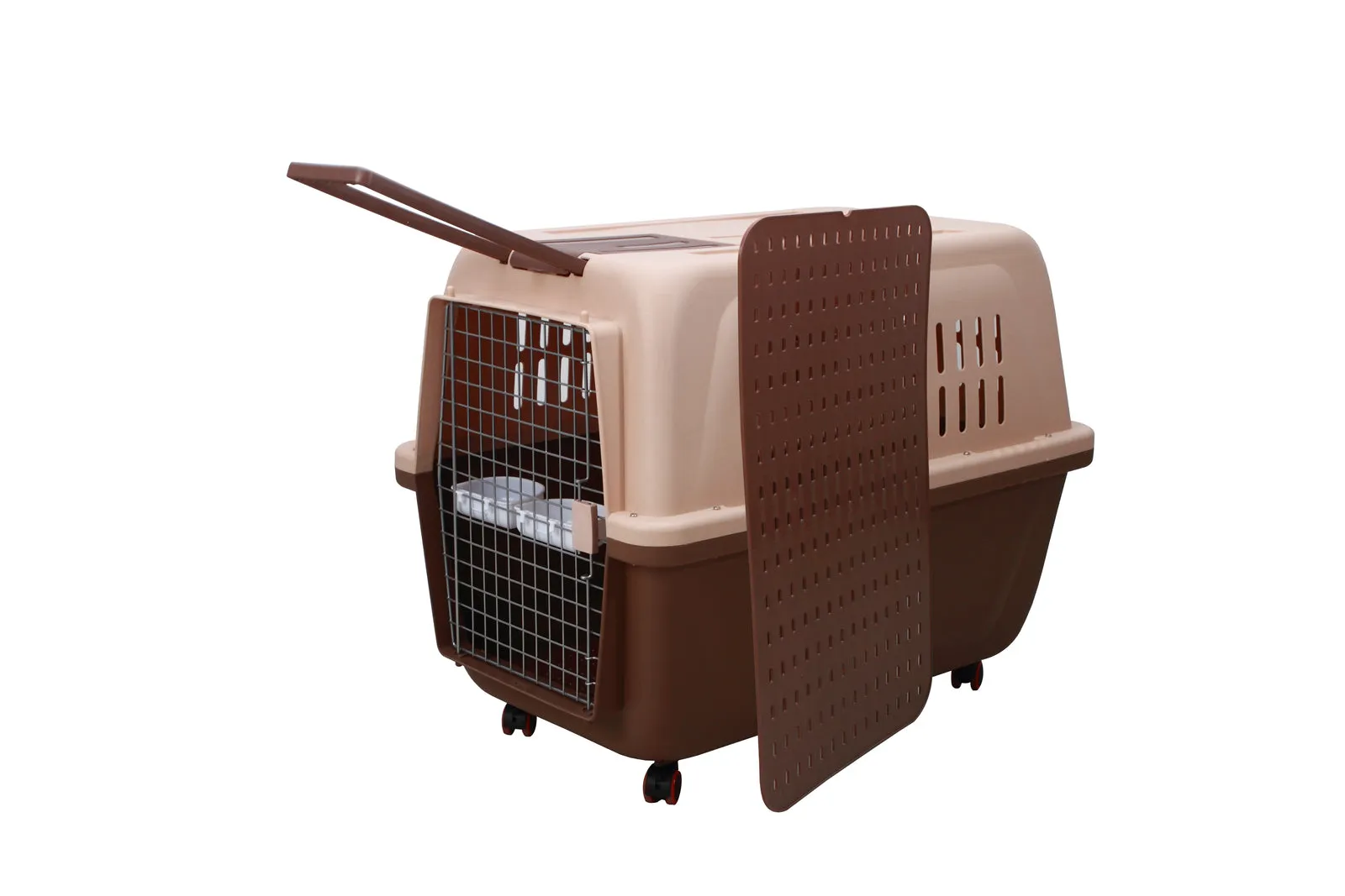 Durable Plastic Pet Carrier Cage with Wheels, 2 Bowls - YES4PETS