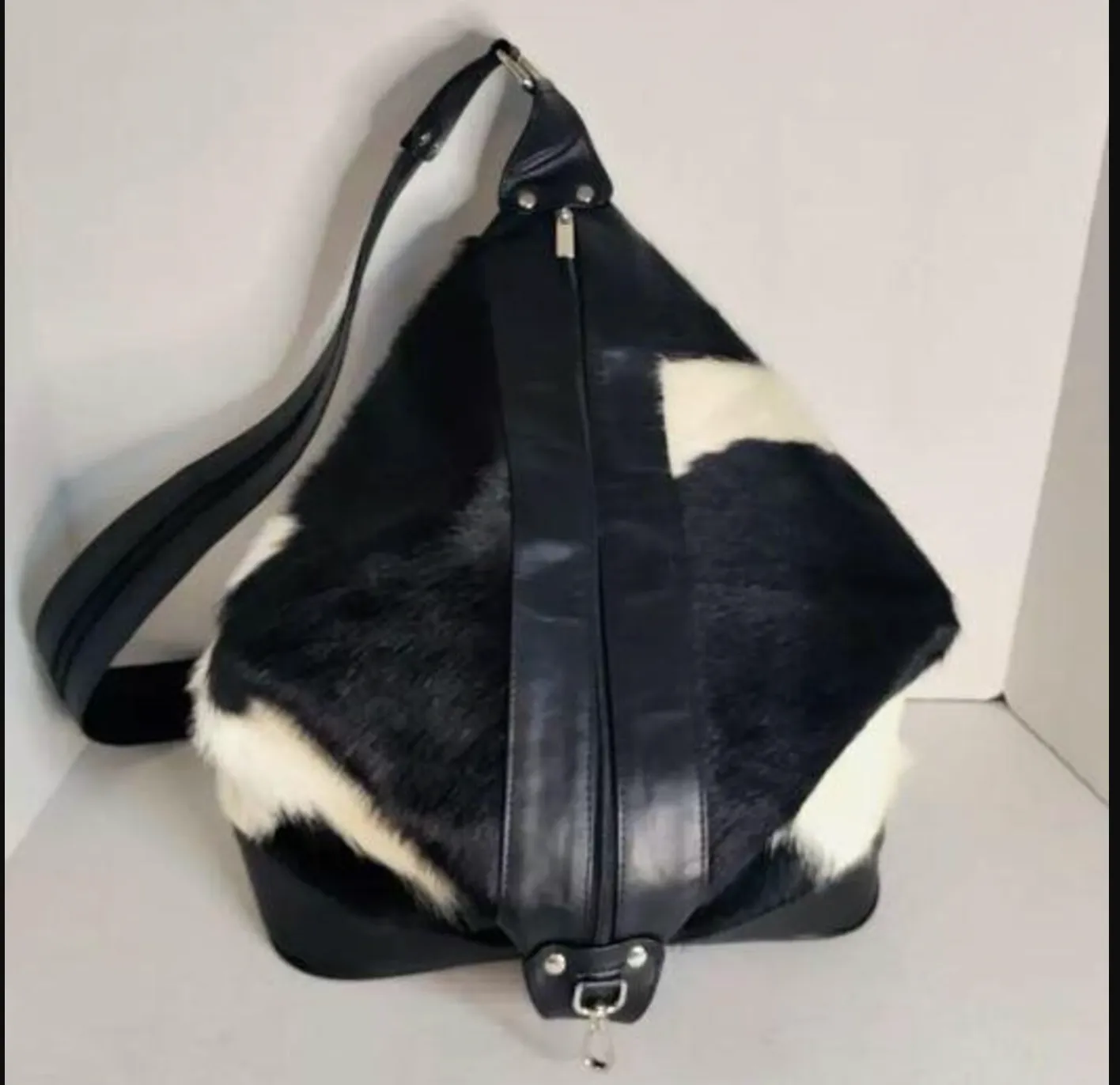Genuine Cowhide Shoulder Backpack Black White