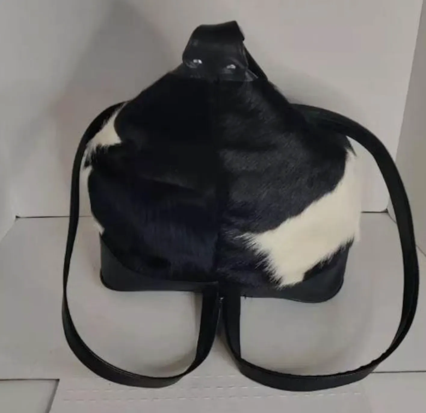 Genuine Cowhide Shoulder Backpack Black White