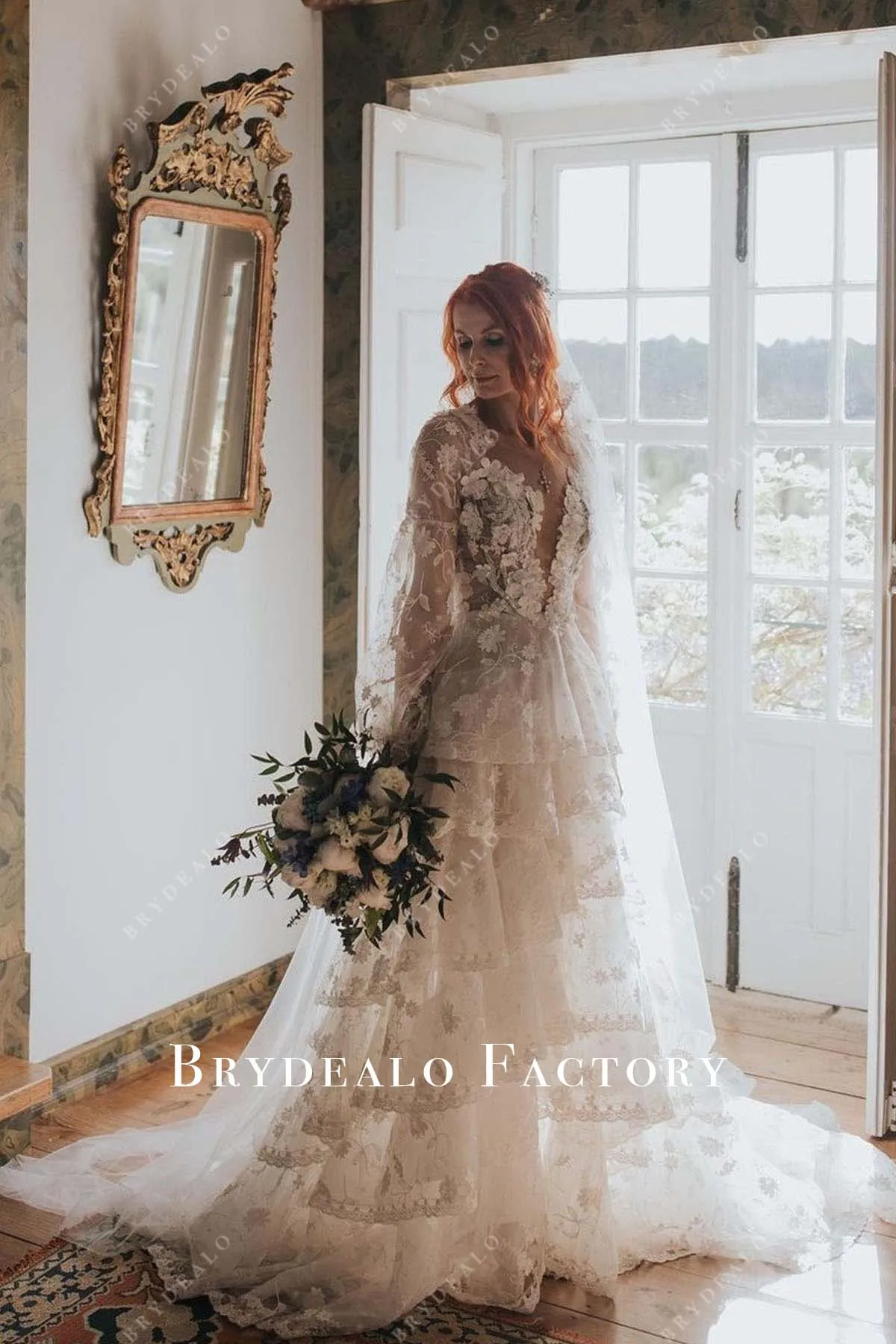Lace Long Sleeves Layered A-Line Wedding Dress
