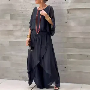 Loose Top & Slit Wide-Leg Pants Chiffon 2-Piece Set Loose Top & Slit Wide-Leg Pants Chiffon 2-Piece Set