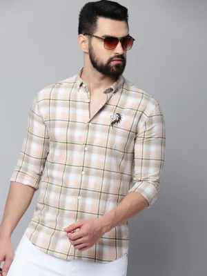 Men Beige Comfort Tartan Checked Cotton Casual Shirt Men Beige Comfort Tartan Checked Cotton Casual Shirt