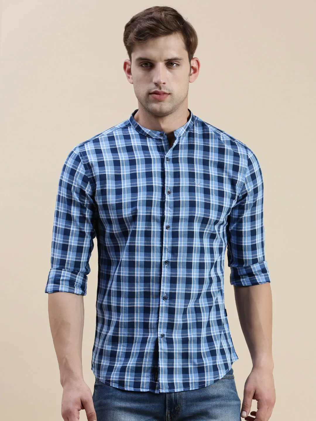 Men Blue Standard Slim Fit Buffalo Checks Mandarin Collar Cotton Casual Shirt