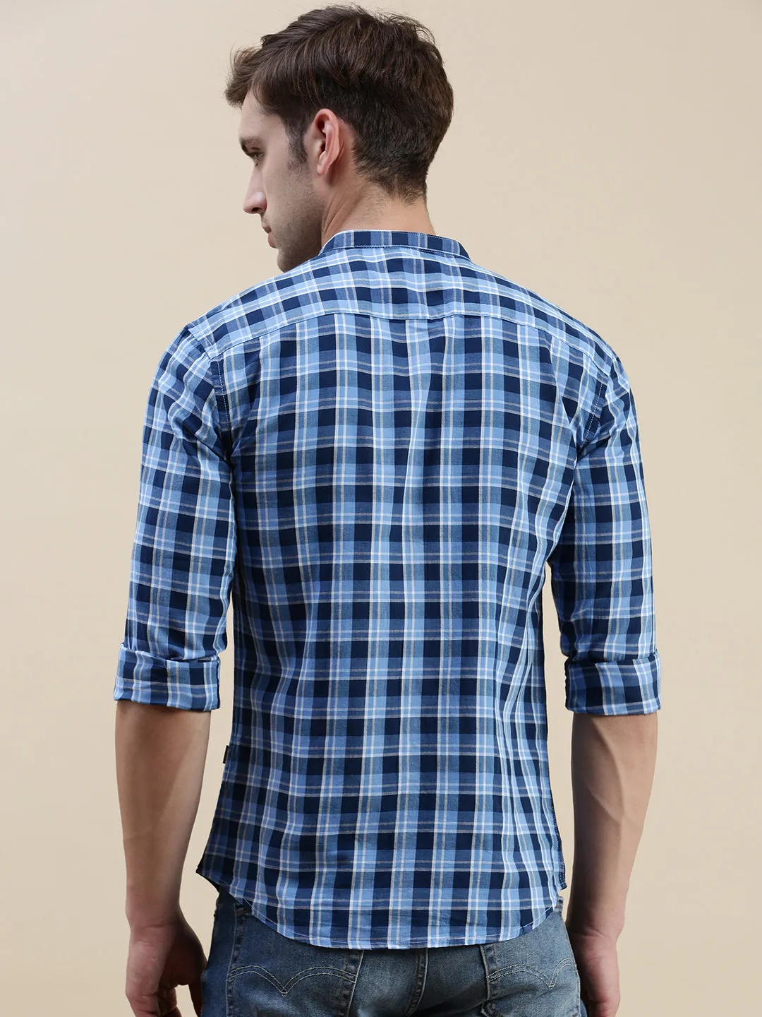 Men Blue Standard Slim Fit Buffalo Checks Mandarin Collar Cotton Casual Shirt