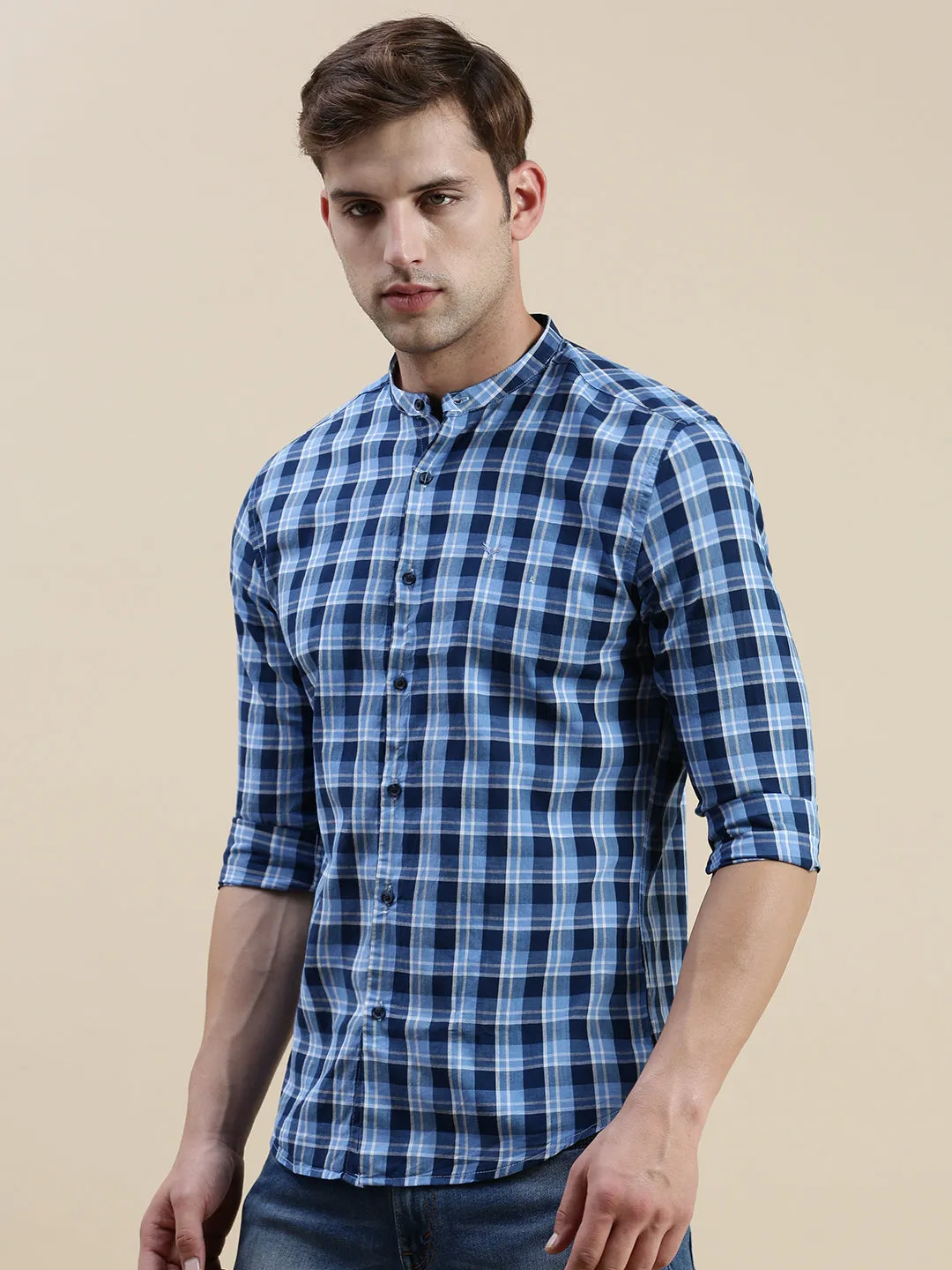 Men Blue Standard Slim Fit Buffalo Checks Mandarin Collar Cotton Casual Shirt