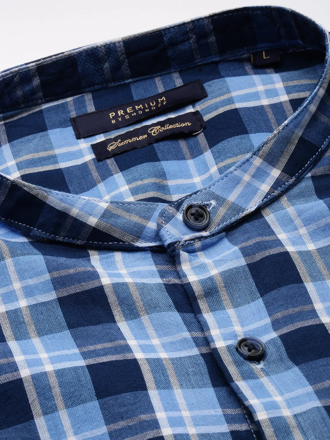 Men Blue Standard Slim Fit Buffalo Checks Mandarin Collar Cotton Casual Shirt
