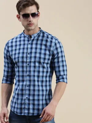 Men Blue Standard Slim Fit Buffalo Checks Mandarin Collar Cotton Casual Shirt