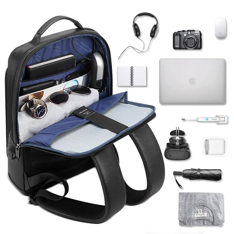 Men's Genuine Leather Travel Thin USB Charging Laptop Backpack