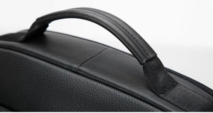 Men's Genuine Leather Travel Thin USB Charging Laptop Backpack