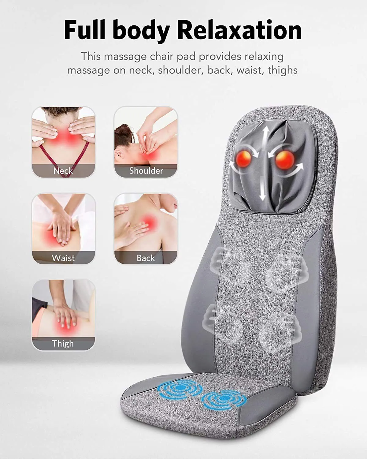 Naipo Back & Neck Shiatsu Massage Cushion Pad with Heat, Height Adjustable Kneading Rolling Massage Chair Pad