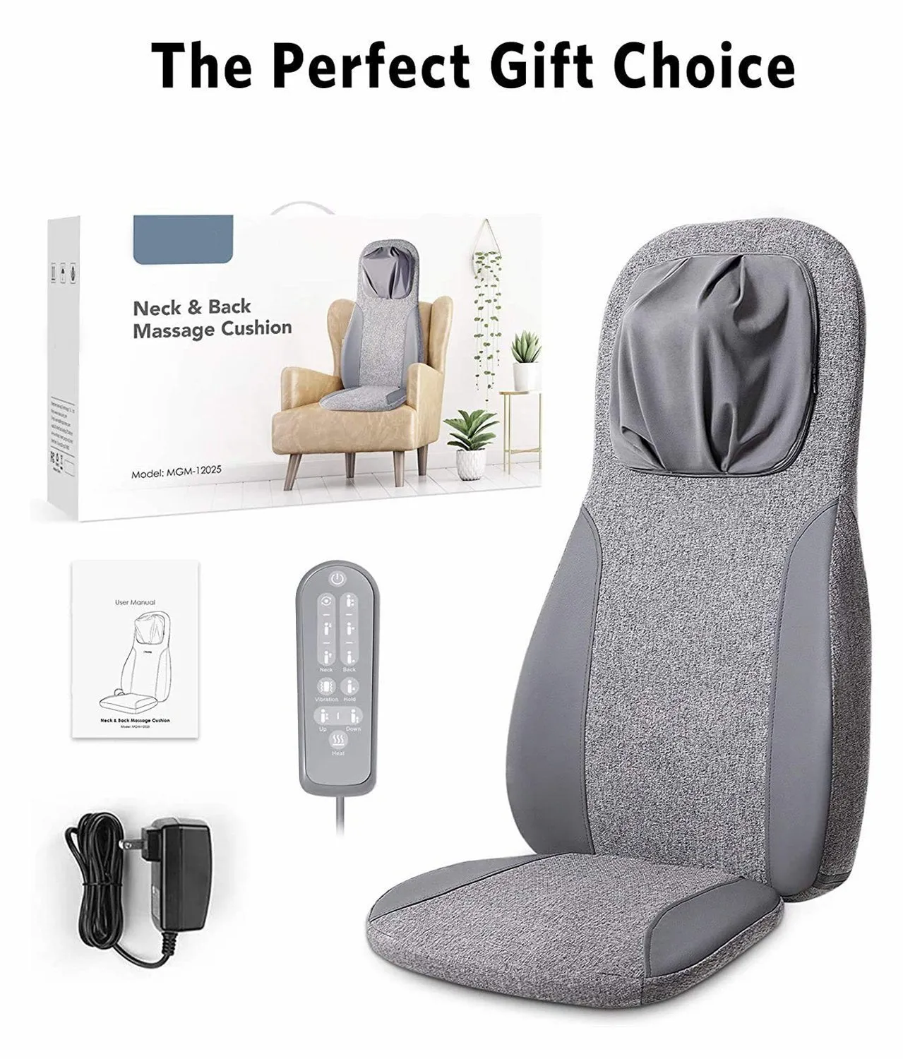 Naipo Back & Neck Shiatsu Massage Cushion Pad with Heat, Height Adjustable Kneading Rolling Massage Chair Pad