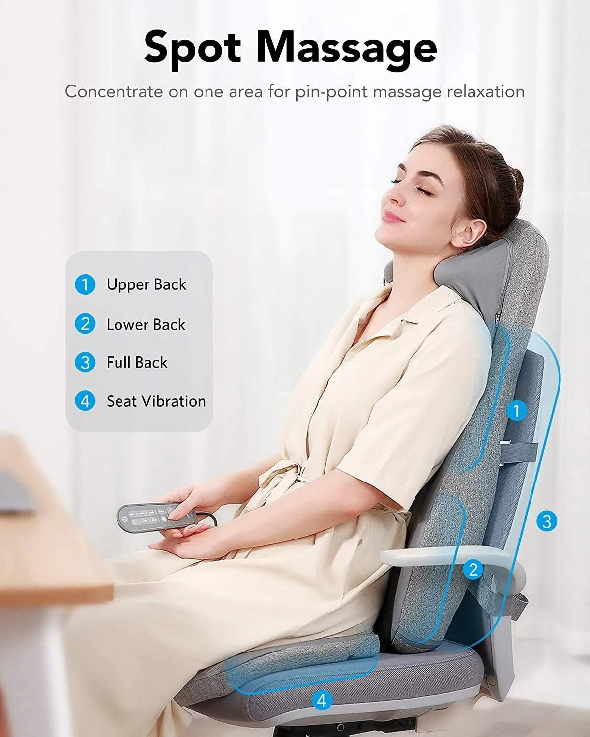 Naipo Back & Neck Shiatsu Massage Cushion Pad with Heat, Height Adjustable Kneading Rolling Massage Chair Pad