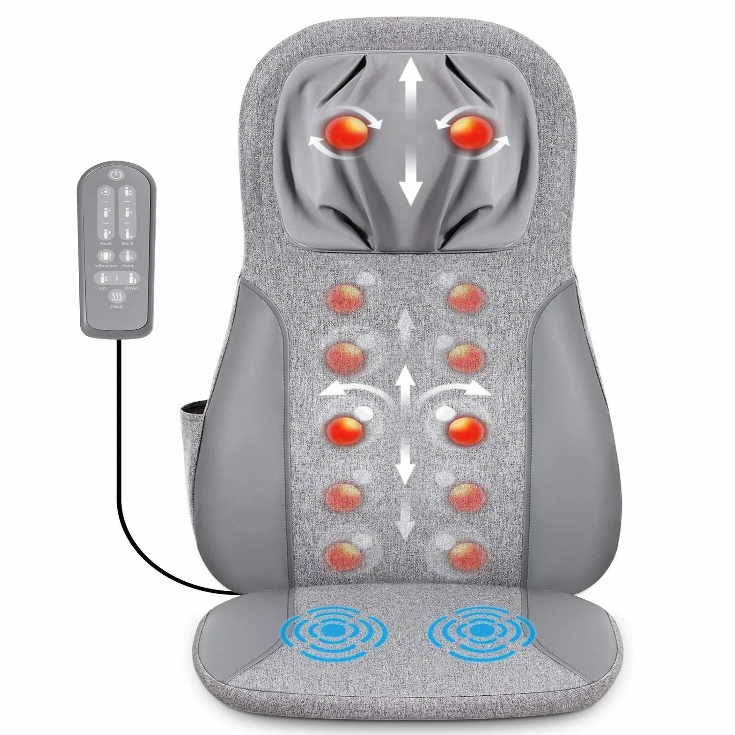 Naipo Back & Neck Shiatsu Massage Cushion Pad with Heat, Height Adjustable Kneading Rolling Massage Chair Pad